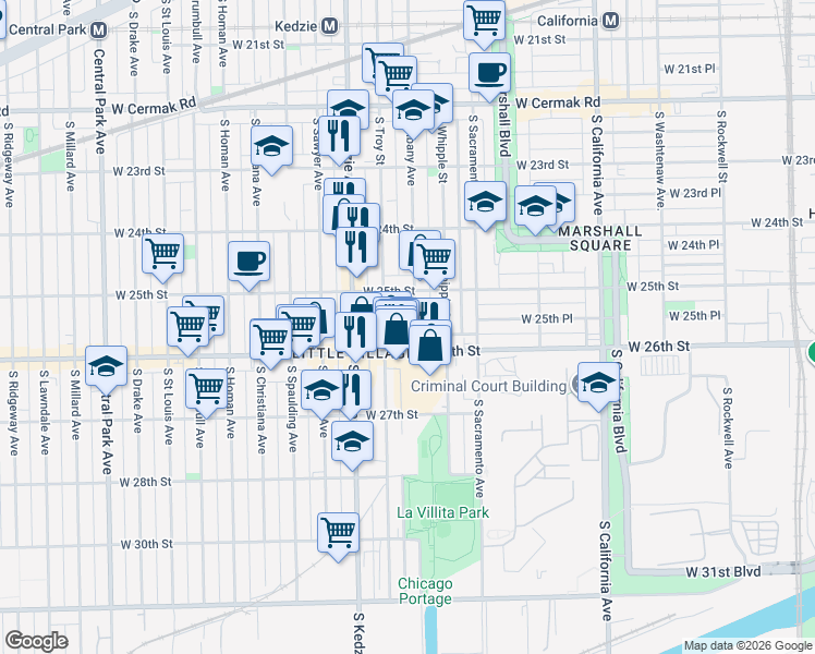 map of restaurants, bars, coffee shops, grocery stores, and more near 2529 South Troy Street in Chicago