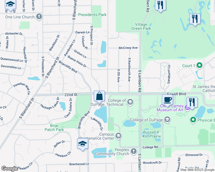 map of restaurants, bars, coffee shops, grocery stores, and more near 1637 South Prospect Street in Wheaton