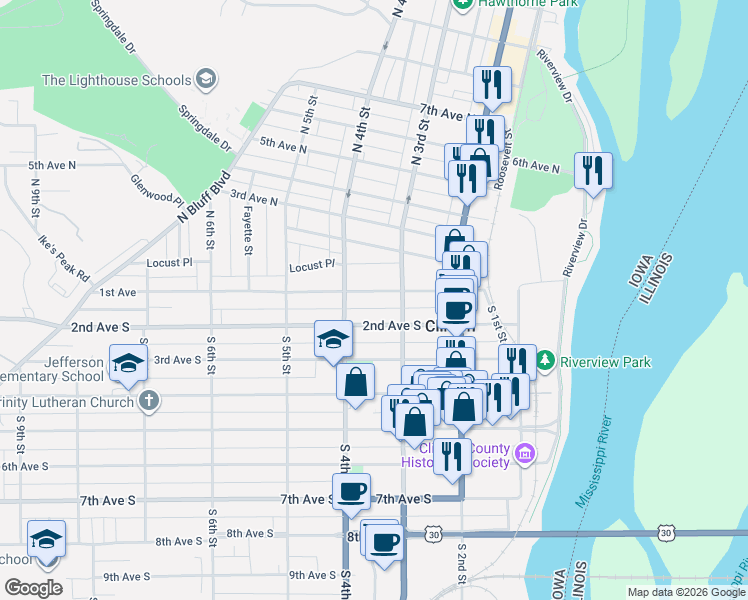 map of restaurants, bars, coffee shops, grocery stores, and more near 301-399 1st Ave in Clinton