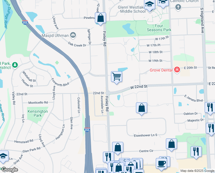 map of restaurants, bars, coffee shops, grocery stores, and more near 2177 South Finley Road in Lombard