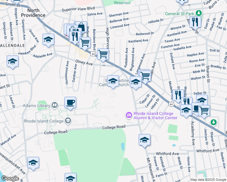 map of restaurants, bars, coffee shops, grocery stores, and more near 600 Mount Pleasant Avenue in Providence