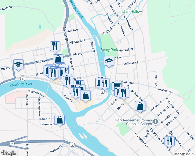map of restaurants, bars, coffee shops, grocery stores, and more near 119 Water Street in Warren