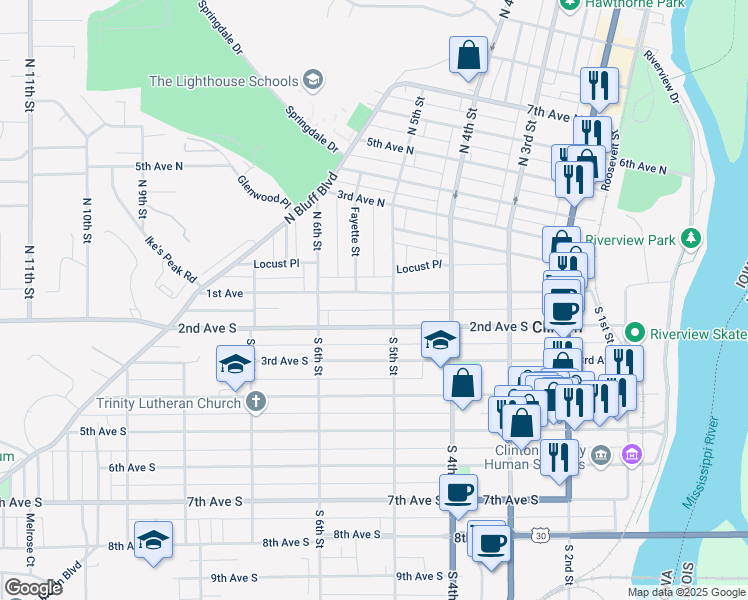 map of restaurants, bars, coffee shops, grocery stores, and more near 515 1st Avenue in Clinton