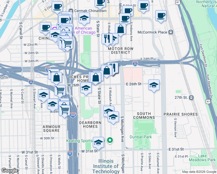 map of restaurants, bars, coffee shops, grocery stores, and more near 31 East 26th Street in Chicago