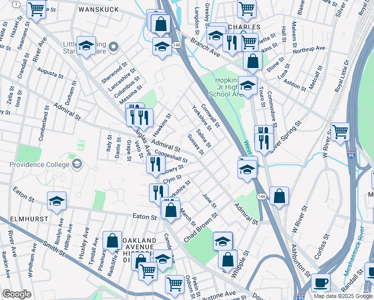 map of restaurants, bars, coffee shops, grocery stores, and more near 281 Admiral Street in Providence