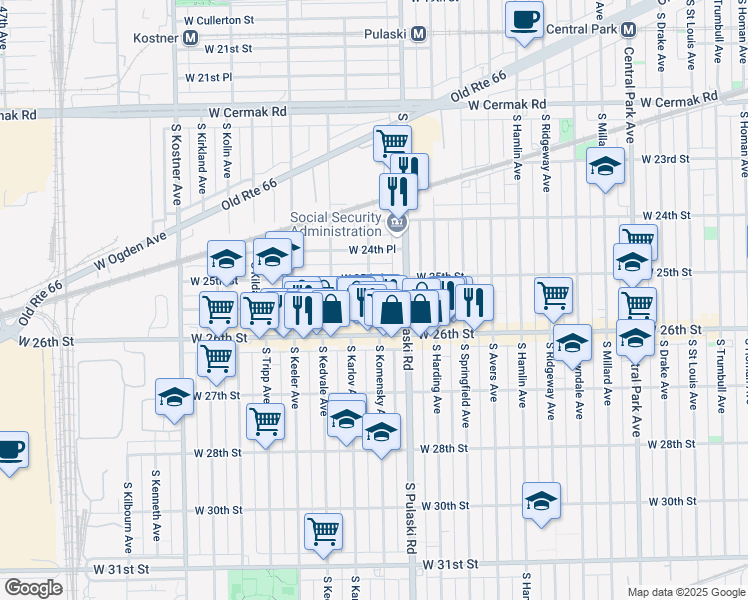 map of restaurants, bars, coffee shops, grocery stores, and more near 4034 West 25th Place in Chicago