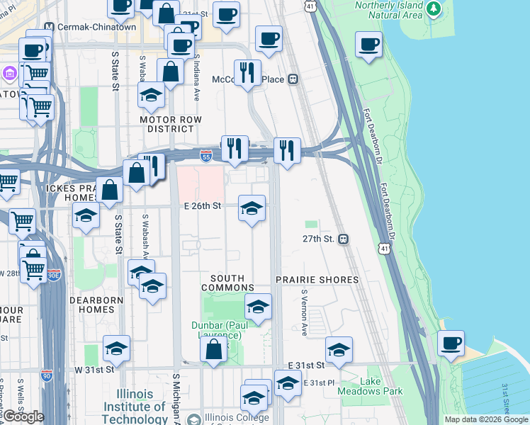 map of restaurants, bars, coffee shops, grocery stores, and more near 2600 South King Drive in Chicago