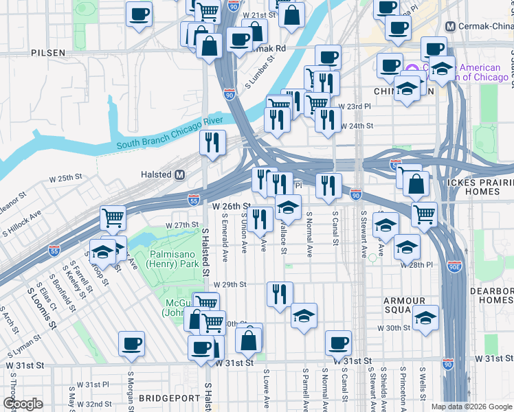 map of restaurants, bars, coffee shops, grocery stores, and more near South Lowe Avenue & West 26th Street in Chicago