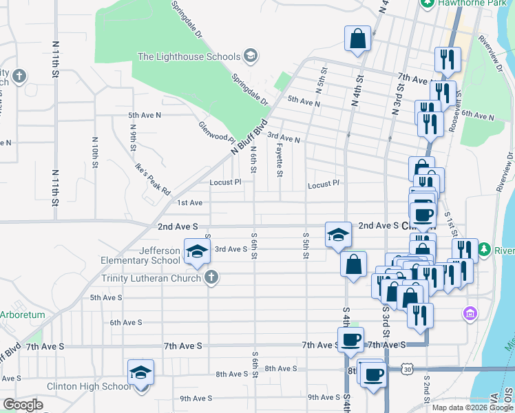 map of restaurants, bars, coffee shops, grocery stores, and more near 623 1st Avenue in Clinton