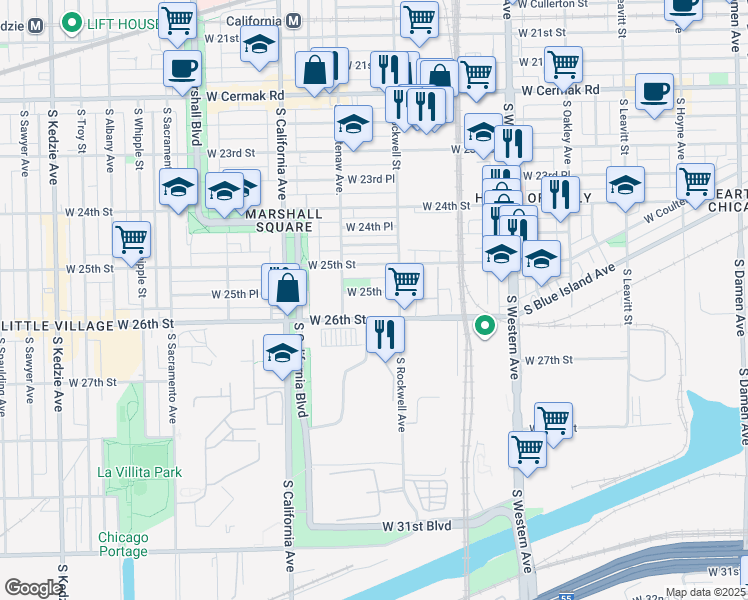map of restaurants, bars, coffee shops, grocery stores, and more near 2625 West 25th Street in Chicago