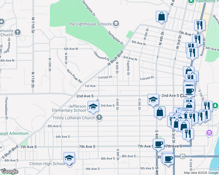 map of restaurants, bars, coffee shops, grocery stores, and more near 623 1st Avenue in Clinton