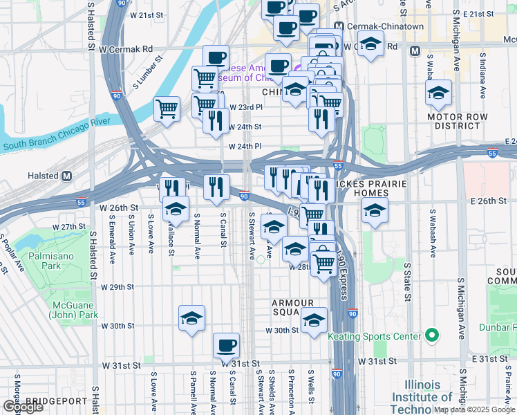 map of restaurants, bars, coffee shops, grocery stores, and more near 339 West 26th Street in Chicago