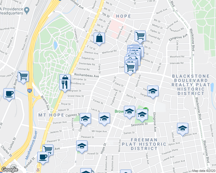 map of restaurants, bars, coffee shops, grocery stores, and more near 155 Lancaster Street in Providence