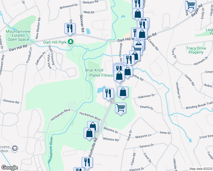 map of restaurants, bars, coffee shops, grocery stores, and more near 401 Talcottville Road in Vernon