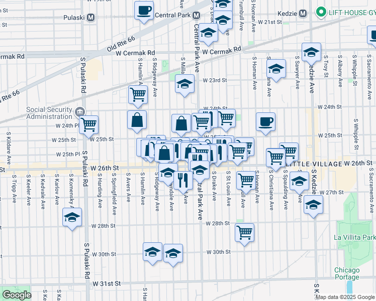 map of restaurants, bars, coffee shops, grocery stores, and more near 2527 South Millard Avenue in Chicago