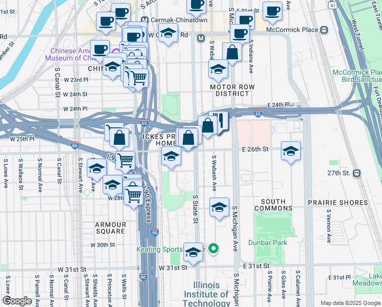 map of restaurants, bars, coffee shops, grocery stores, and more near 2602 South State Street in Chicago