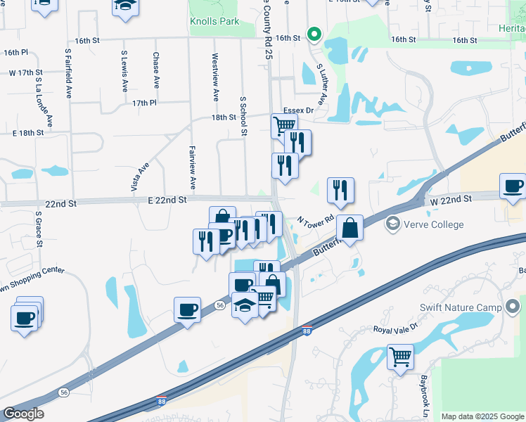 map of restaurants, bars, coffee shops, grocery stores, and more near 2210 Fountain Square Drive in Lombard