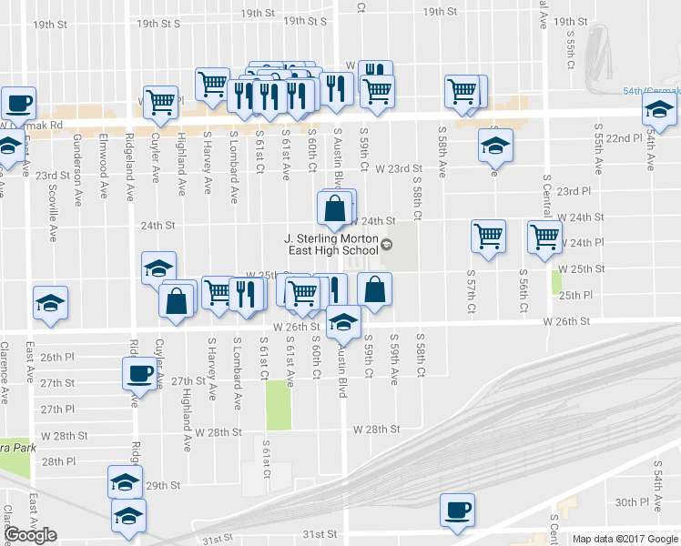 map of restaurants, bars, coffee shops, grocery stores, and more near S Austin Blvd & 25th St in Cicero