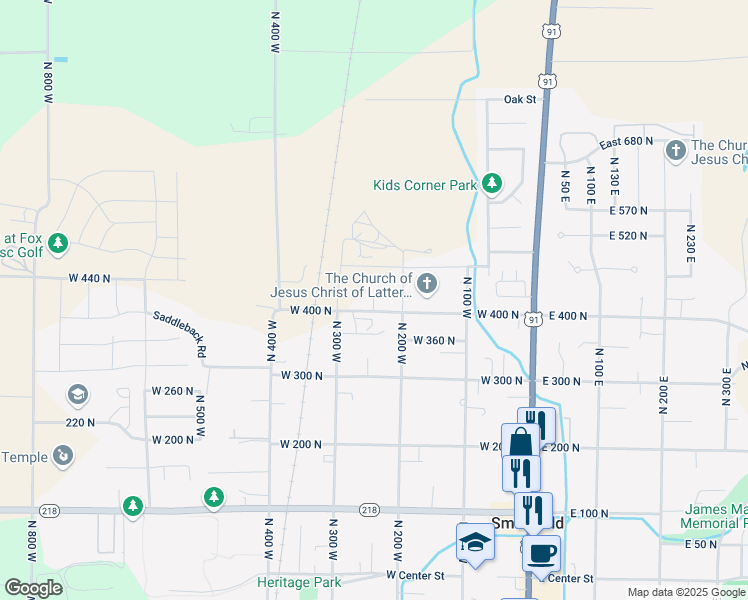map of restaurants, bars, coffee shops, grocery stores, and more near 301 North 250 West in Smithfield