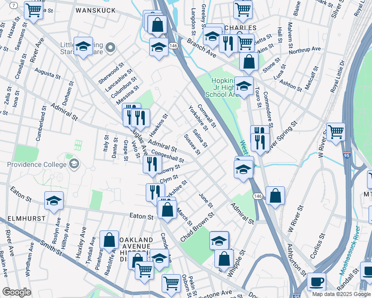 map of restaurants, bars, coffee shops, grocery stores, and more near 291 Admiral Street in Providence