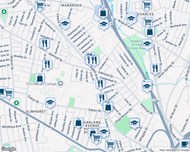 map of restaurants, bars, coffee shops, grocery stores, and more near in Providence