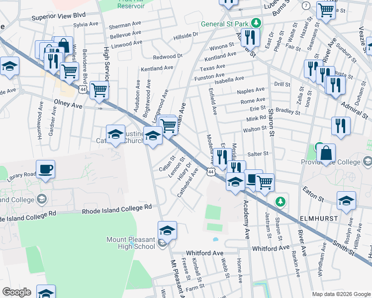 map of restaurants, bars, coffee shops, grocery stores, and more near 1190 Smith Street in Providence