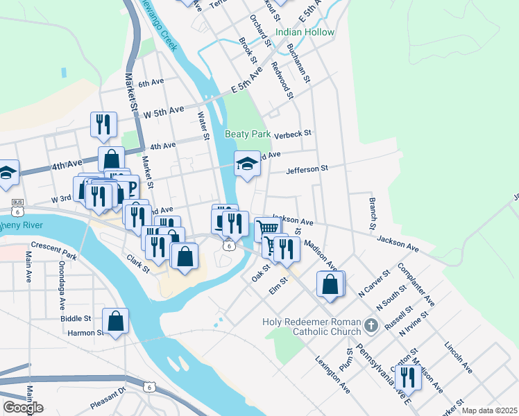 map of restaurants, bars, coffee shops, grocery stores, and more near 100-110 Conewango Avenue in Warren