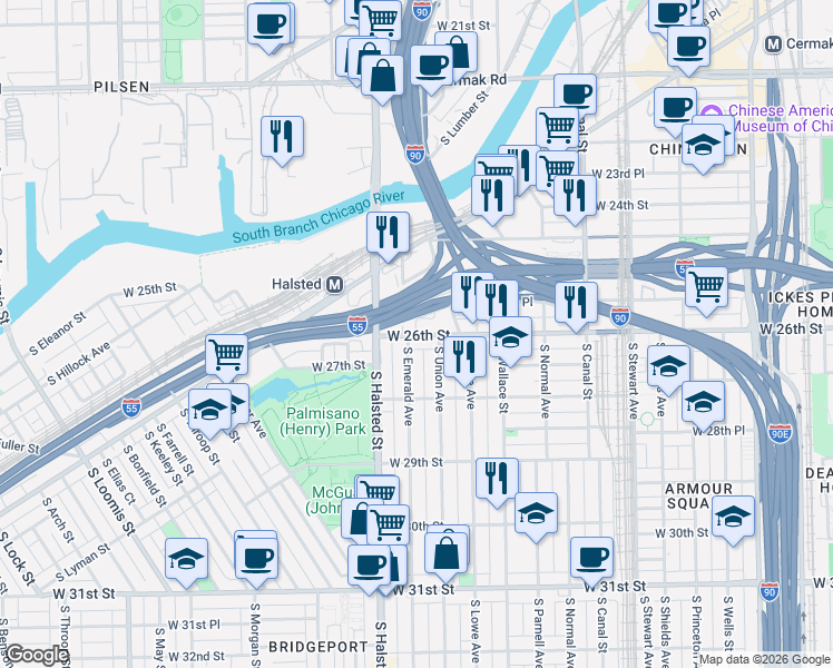 map of restaurants, bars, coffee shops, grocery stores, and more near 744 West 26th Street in Chicago