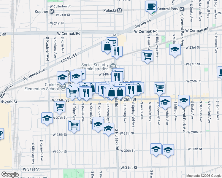 map of restaurants, bars, coffee shops, grocery stores, and more near 4034 West 25th Place in Chicago
