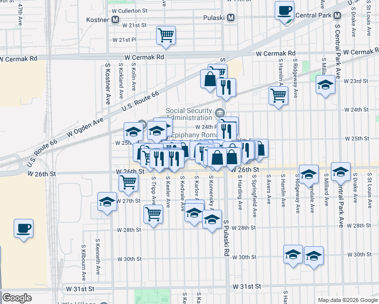 map of restaurants, bars, coffee shops, grocery stores, and more near 4134 West 25th Place in Chicago