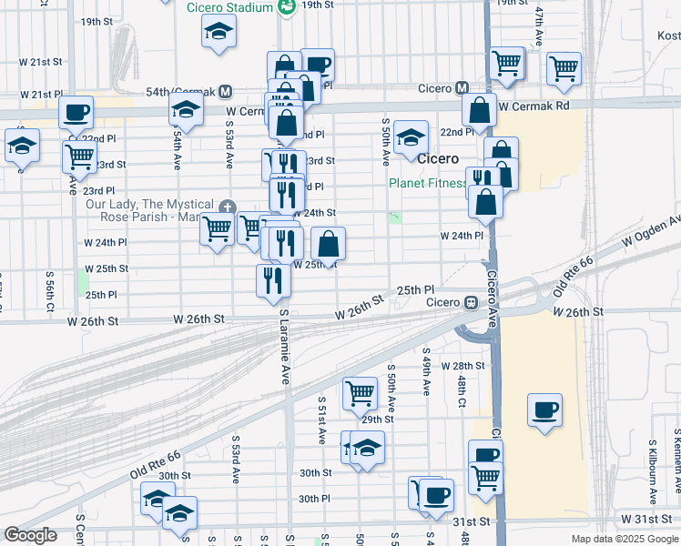map of restaurants, bars, coffee shops, grocery stores, and more near 5105 West 25th Street in Cicero