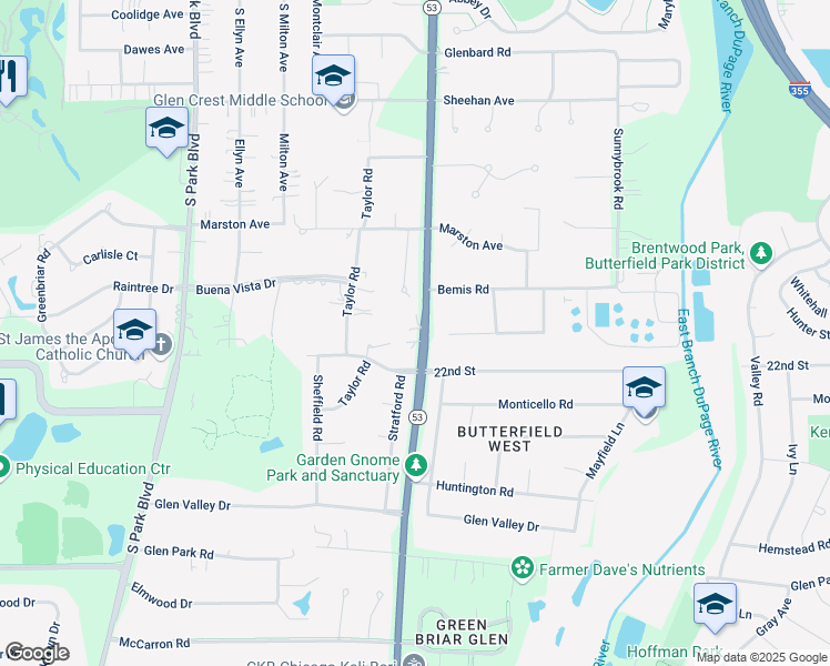 map of restaurants, bars, coffee shops, grocery stores, and more near 21W770 Glen Crest Drive in Glen Ellyn
