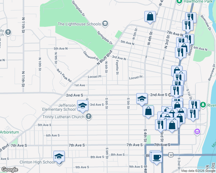 map of restaurants, bars, coffee shops, grocery stores, and more near 623 1st Avenue in Clinton