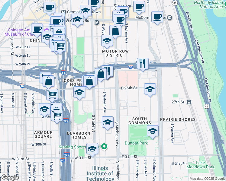 map of restaurants, bars, coffee shops, grocery stores, and more near 2600 South Michigan Avenue in Chicago