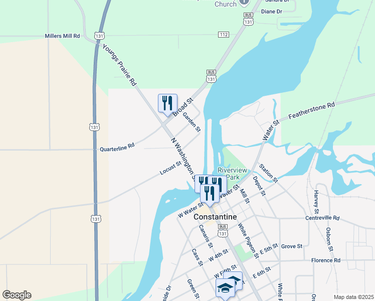 map of restaurants, bars, coffee shops, grocery stores, and more near 185 North Washington Street in Constantine