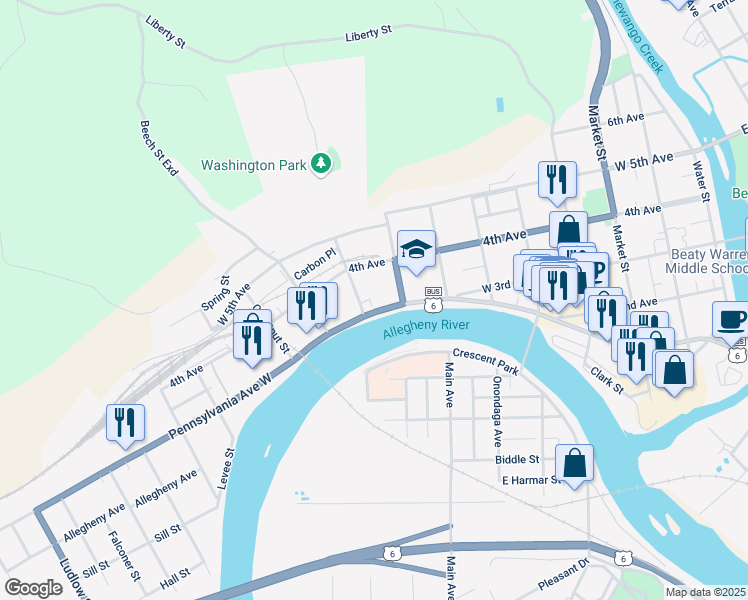 map of restaurants, bars, coffee shops, grocery stores, and more near 710 Pennsylvania Avenue West in Warren
