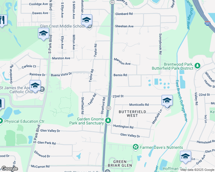 map of restaurants, bars, coffee shops, grocery stores, and more near 21W770 Glen Crest Drive in Glen Ellyn