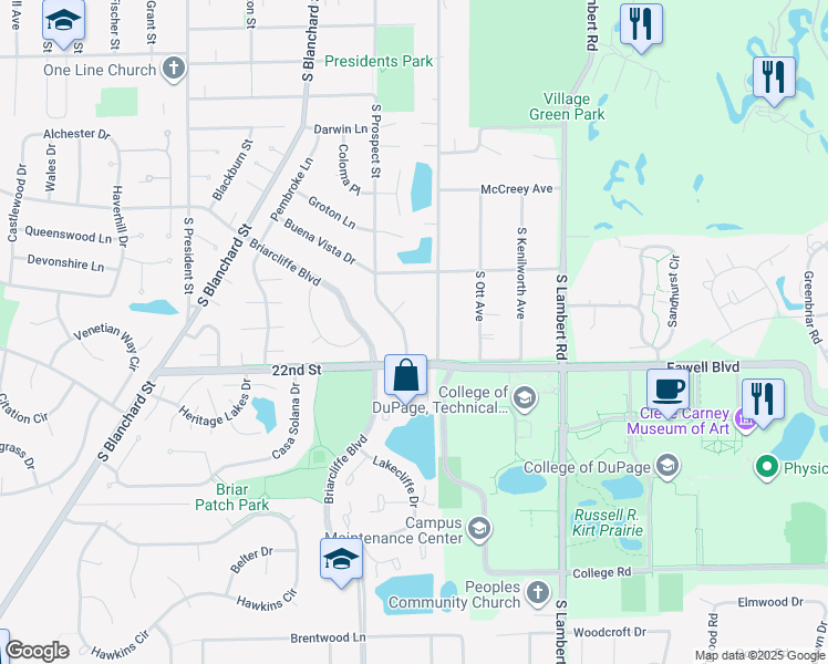 map of restaurants, bars, coffee shops, grocery stores, and more near 1637 South Prospect Street in Wheaton