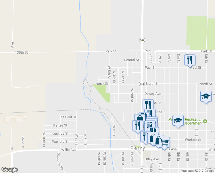 map of restaurants, bars, coffee shops, grocery stores, and more near 1717 W 5th St in Perry