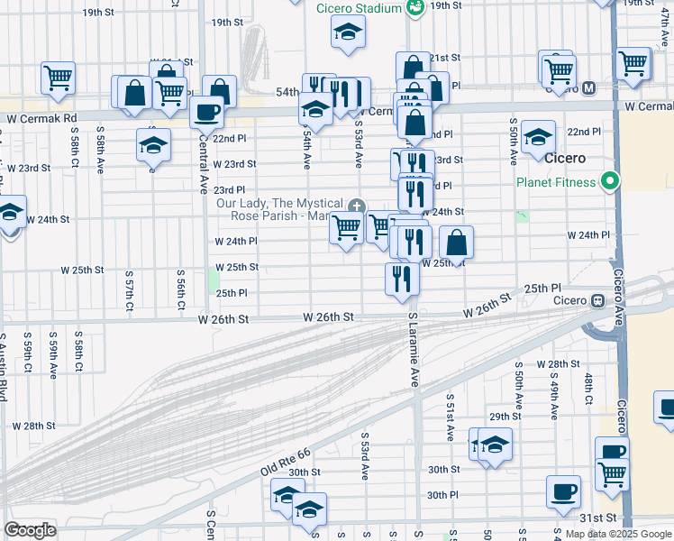 map of restaurants, bars, coffee shops, grocery stores, and more near 5323 West 25th Street in Cicero