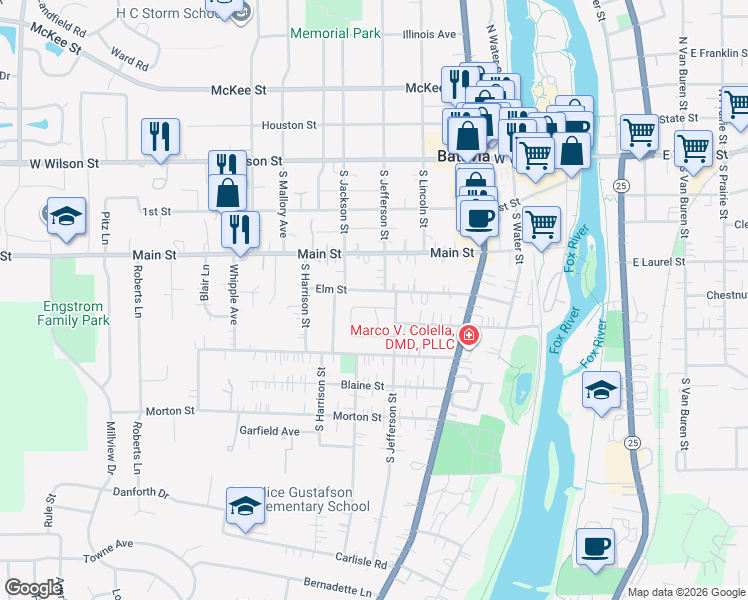 map of restaurants, bars, coffee shops, grocery stores, and more near 528 Elm Street in Batavia