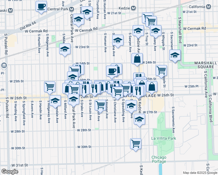map of restaurants, bars, coffee shops, grocery stores, and more near 2527 South Homan Avenue in Chicago
