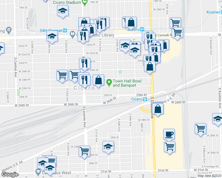 map of restaurants, bars, coffee shops, grocery stores, and more near 5021 W 25th St in Cicero
