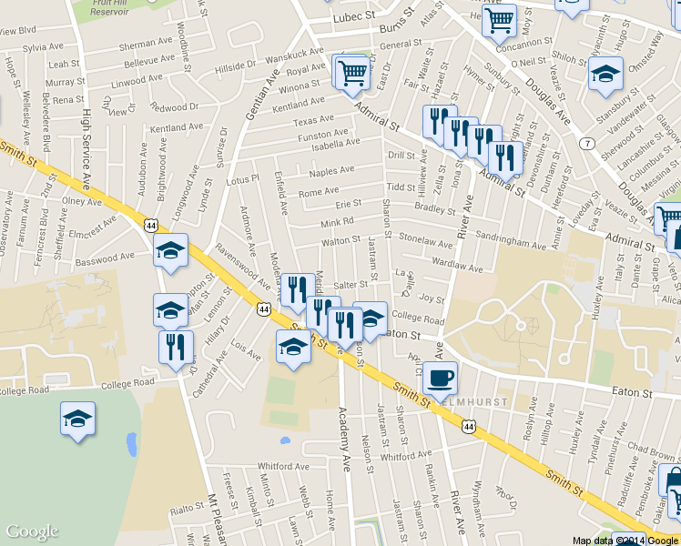 map of restaurants, bars, coffee shops, grocery stores, and more near 741 Academy Avenue in Providence