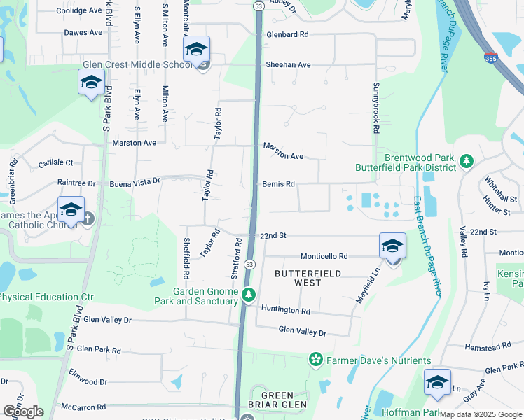 map of restaurants, bars, coffee shops, grocery stores, and more near 21W770 Glen Crest Drive in Glen Ellyn