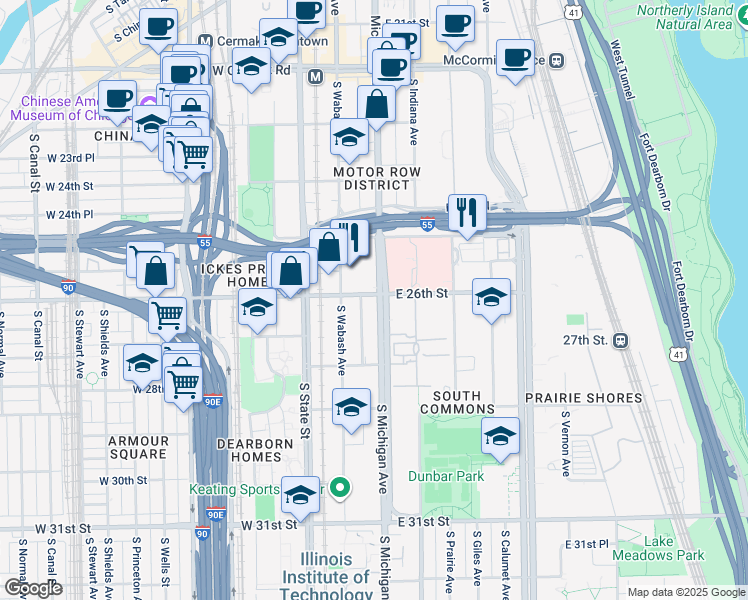 map of restaurants, bars, coffee shops, grocery stores, and more near 2600 South Michigan Avenue in Chicago