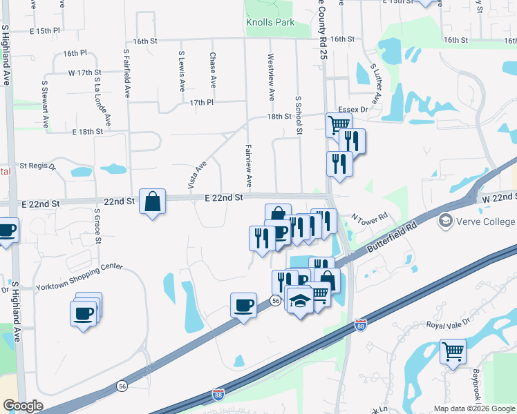 map of restaurants, bars, coffee shops, grocery stores, and more near 855 East 22nd Street in Lombard