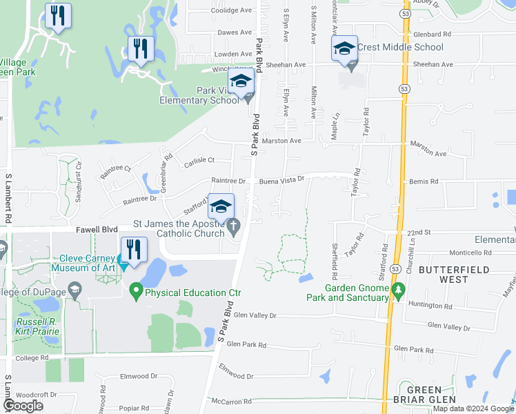 map of restaurants, bars, coffee shops, grocery stores, and more near 1S759 South Park Boulevard in Glen Ellyn