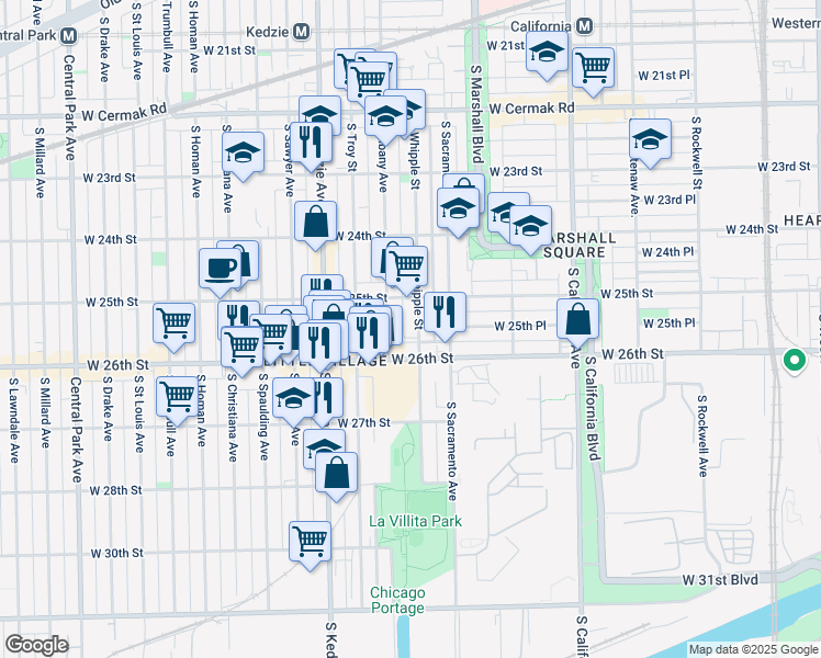 map of restaurants, bars, coffee shops, grocery stores, and more near 2530 South Whipple Street in Chicago