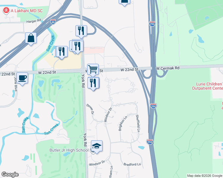 map of restaurants, bars, coffee shops, grocery stores, and more near 61 Windsor Drive in Oak Brook